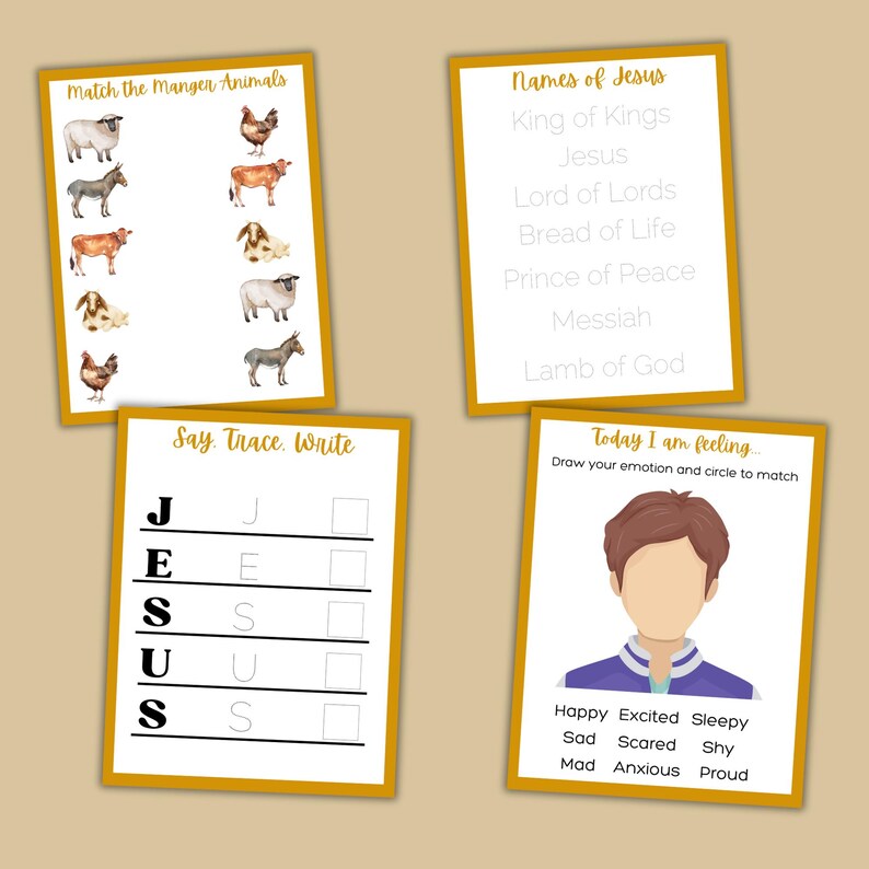 May include: Four educational cards with a gold border. One card says "Match the Manger Animals" with animal illustrations. Another lists "Names of Jesus." A third card says "Say, Trace, Write" with the word "JESUS." The last card says "Today I am feeling..."