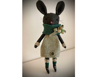 Bunny Doll - Handmade Winter Bunny - Fabric Doll - Animal - Stuffed - Collectable Gift - Little Bunny - Charcoal Bunny - Rabbit Toy - Unique