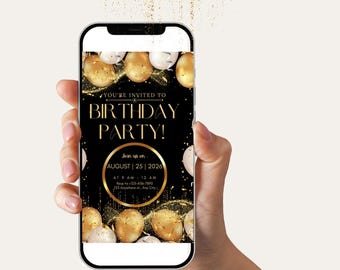 Elegant Black and Gold Birthday Invitation Digital Template