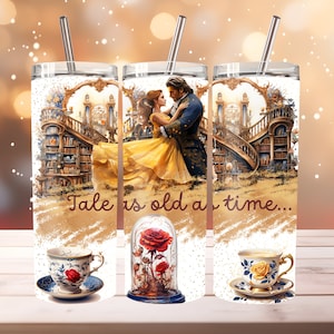 20 Oz Skinny tumbler wrap design for sublimation. PNG. Tale as old as time template.