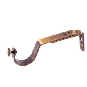 May include: A brass curtain rod bracket with a curved arm and a screw for mounting. The bracket is designed to hold a curtain rod.