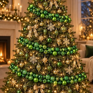 May include: A decorated Christmas tree featuring green and gold ornaments, including spherical baubles, teardrop shapes, and snowflake motifs. The tree is adorned with gold ribbon bows, warm string lights, and a large star topper, with wrapped gifts below.