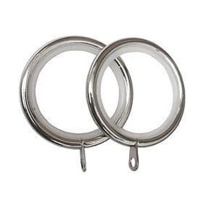 May include: Two silver curtain rings with a hook on the bottom. The rings are approximately 5 cm in diameter.