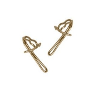 May include: Two gold metal curtain hooks with a wavy design. The hooks are designed to be used with curtains or drapes.