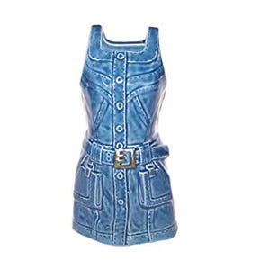 May include: A blue ceramic vase shaped like a denim dress. The vase has button details, pockets, and a belt with a gold-coloured buckle. The design is reminiscent of a denim dress.