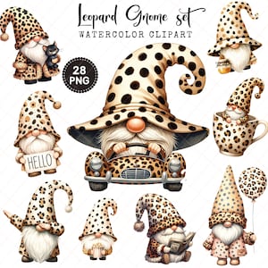 Leopard Gnome Clipart Set PNG, fondo transparente, alta calidad 300 ppp, ilustraciones caprichosas de gnomos para manualidades y decoración PNG