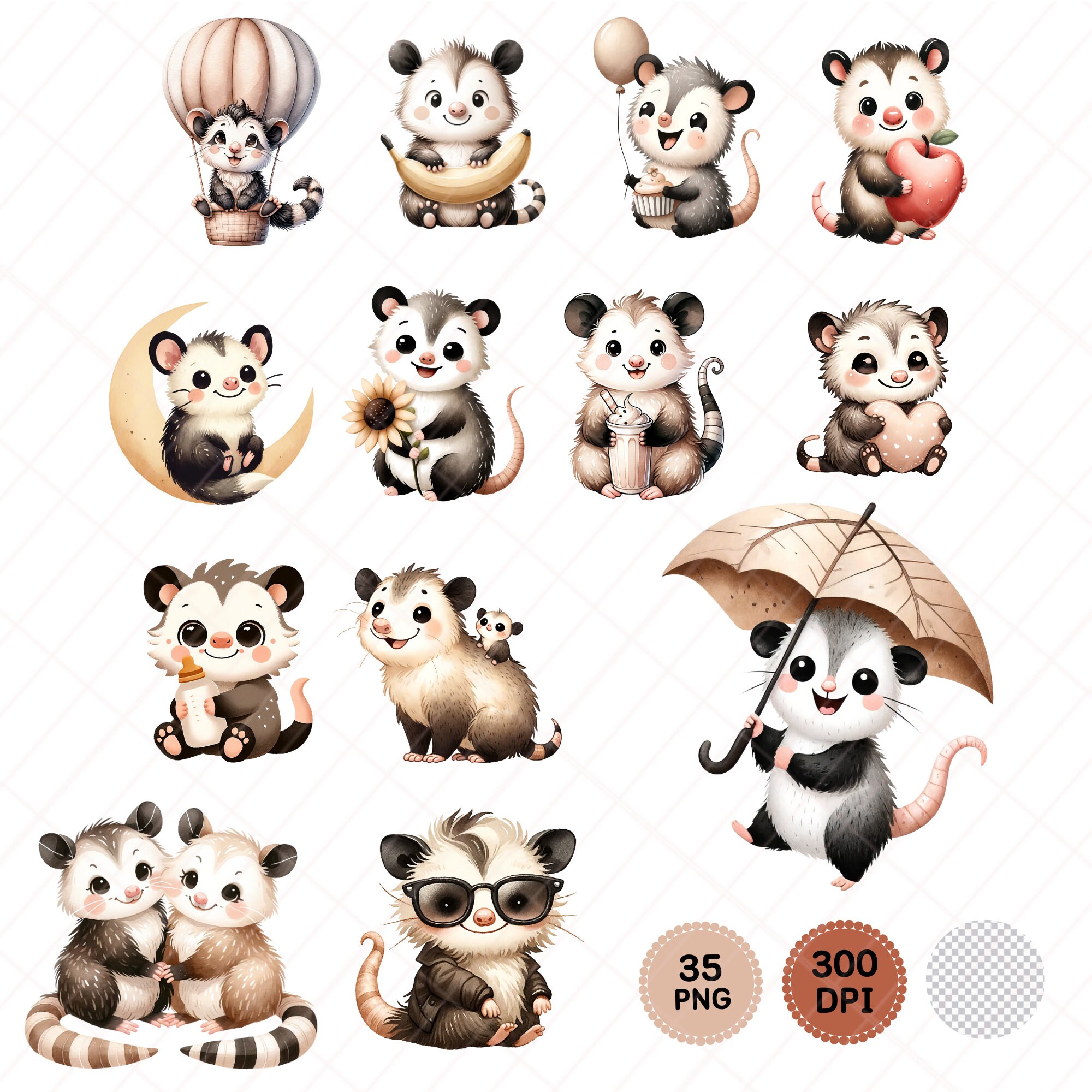 Adorable Opossum Clipart Set, Printable Woodland Animal Illustrations ...