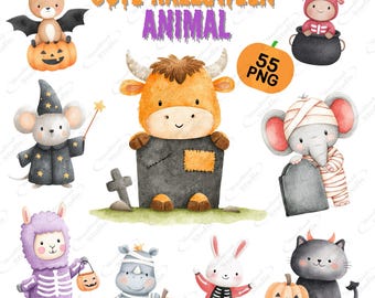 Halloween Animal Clipart Bundle: Watercolor Woodland Creatures in Costume, PNG for Stickers & Kids Sublimation