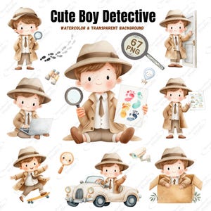 Conjunto de imágenes prediseñadas de un niño detective adorable, PNG de un niño investigador adorable, gráficos de acuarela de un pequeño detective, ilustración infantil que resuelve misterios para manualidades