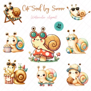 Cute Snails Boy in Summer Activities, Adorable Snail Clipart Set - Fun Digital Art for Kids, Digital Stickers - Kawaii Snail Collection, PNG