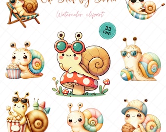 Snail Clipart Summer Activities Vacation, Watercolor Kawaii PNG Garden Stickers Sublimation Kids
