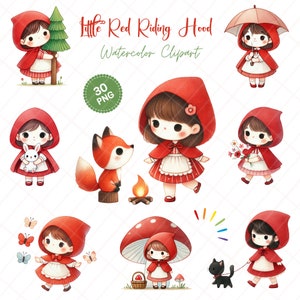Adorable Little Red Riding Hood Clipart Set, Kawaii Girl, Cute Woodland Character Illustrations for Scrapbooking and Crafts, PNG - 300DPI