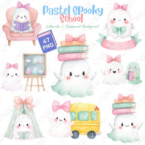 Puede incluir: Ilustración en acuarela con lindos personajes de fantasmas con lazos, libros y elementos temáticos escolares. La imagen incluye el texto "Pastel Spooky School" y "Back to School". La imagen es una colección de 47 archivos PNG.