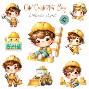Entzückender kleiner Junge Baustelle Clipart, digitale Illustrationen für Kinder, niedliche Bauarbeiter Illustrationen, Kawaii Arbeiter Grafiken, 300dpi