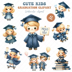 Simpatico set di clipart per la laurea, celebrazione dei bambini, grafica PNG per scrapbooking, adesivi e inviti, decorazioni di laurea fai da te, 300 Dpi