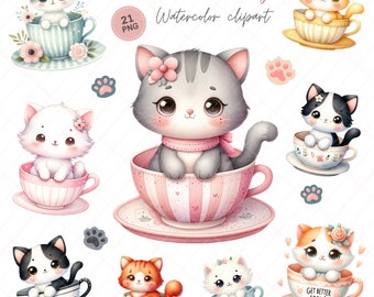 Puede incluir: Clipart de acuarela de 21 adorables gatitos en tazas de té. Los gatitos están en varias poses y tienen diferentes colores de pelaje. Algunas de las tazas de té tienen flores u otras decoraciones. El texto "Kittens in teacup Watercolor clipart" está en la parte superior de la imagen.