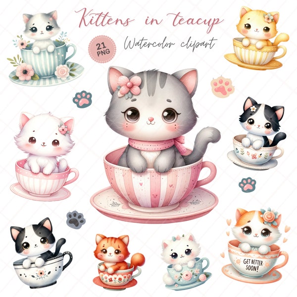 Kitten in Teacup set clipart PNG, Adorable Cat Illustration, Cute Kitten Art & Nursery Decor, High quality - 300 dpi.