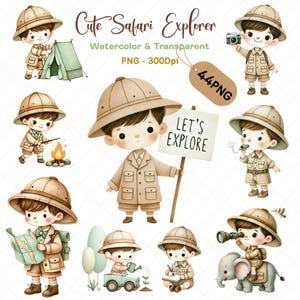 Niedliches Safari Entdecker Clipart Set, Dschungel Entdecker Kinder PNG, Safari Camping Reisen, süße Wildnis Pfadfinder für Scrapbooking & Aufkleber