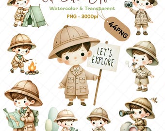 Cute Safari Explorer Clipart Set, Jungle Explorer Kids PNG, Safari Camping Travel, Cute Wilderness Boy Scout for Scrapbooking & Stickers