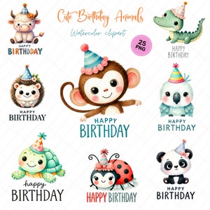 Animais fofos de aniversário com chapéus de festa - Cartões de aniversário - Macaco fofo, ouriço, panda e muito mais - Convites para festa infantil para impressão, PNG 300 dpi