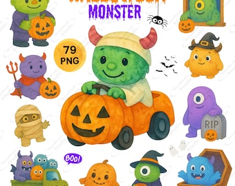 Pacchetto di graziosi clipart di mostri di Halloween, personaggi kawaii di "dolcetto o scherzetto", PNG carini e spettrali per adesivi, biglietti, sublimazione, artigianato