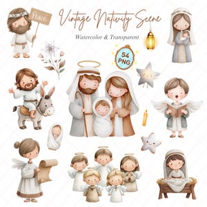 Vintage Christmas Nativity Scene Watercolor Clipart with Baby Jesus, Mary, Joseph, Angels, Star, Donkey & More for Holiday Craft Projects