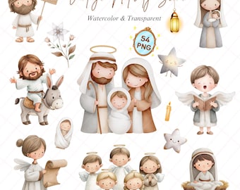 Vintage Krippe Aquarell Clipart: Jesuskind, Maria, Joseph (digitaler Download)