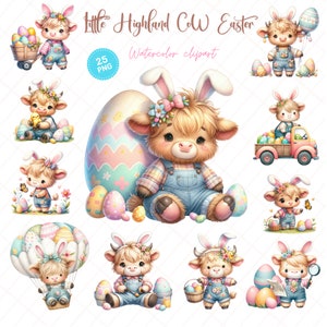 Clipart de Pascua de Little Highland Cow, vaca bebé con orejas de conejo y pollito de primavera, decoración de guardería de temporada, relleno de cesta de Pascua para niños, 300 ppp