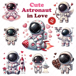 Leuke Valentijnsdag astronaut clipartset, Space Love digitale stickers, romantische kosmische graphics, schattige cartoon ruimteillustraties, png