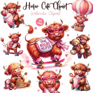 Romántica vaca de las tierras altas con amor PNG, Heifer Valentine's Day set PNG, Love Western Country PNG, Cute Heifer Valentine Clipart.