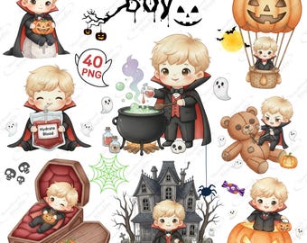 Cute Baby Vampire Halloween Clipart, Kawaii Dracula PNG, Spooky Haunted House, Cauldron and Coffin, Digital Download for Kids & Crafts