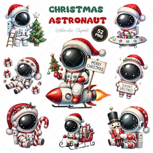 Pacote de clipart de astronauta de Natal, adesivos digitais fofos de Papai Noel espacial, arte de ficção científica de Natal para cartões, scrapbooking e artesanato, PNG - 300 dpi