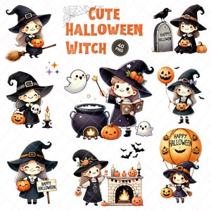 Simpatica clipart della strega di Halloween, adorabili adesivi digitali di Halloween per progetti fai da te, scrapbooking e artigianato, illustrazione PNG della strega Kawaii.