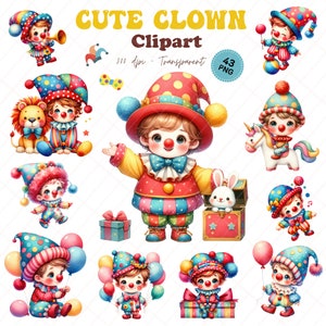 Adorable payaso clipart, impresión caprichosa de decoración de fiesta de cumpleaños, delicia de fiesta infantil, payasos juguetones y alegres, alta calidad 300 dpi