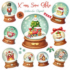 May include: Set of 30 watercolor clipart images of Christmas snow globes. Each globe features a different festive scene, including a nutcracker, a train, a gingerbread house, a snowman, and a Christmas tree. The snow globes are all in a cartoon style and have a whimsical feel.