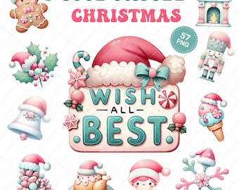 Pastel Christmas Clipart Set, Kawaii Holiday Graphics with Gingerbread & Snowflakes (Digital Download)