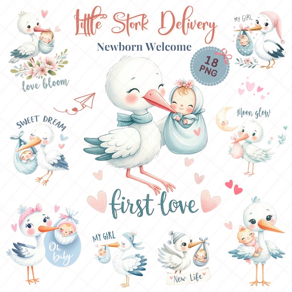 Little Stork Baby Delivery Illustration Clipart, Newborn Announcement Card, Cute Baby Shower Artwork, Nursery Decor Digital Print, 300 dpi