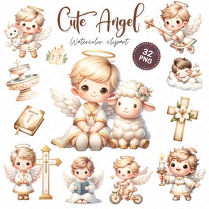 Lindo ángel acuarela clipart tesoro, imágenes premium de bautismo y bautizo, arte de celebraciones sagradas, PNG angelical variado, evento religioso.
