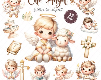 May include: Watercolor clipart featuring multiple illustrations of cute angels. The angels are depicted with halos, wings, and white robes with gold accents. Various accessories include a lamb, a bible, a cross, and a bicycle. The text "Cute Angel" is displayed at the top.