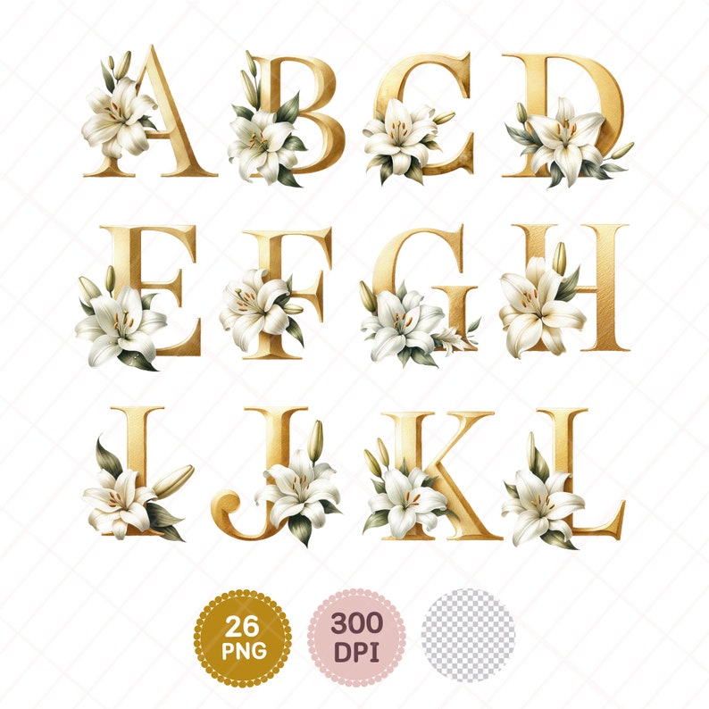 Letter R Lily Watercolor Lily Floral Alphabet: Gold Monogram Clipart (300 Dpi) - Etsy