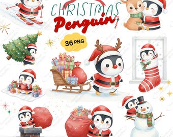 Christmas Penguin Clipart Bundle: Santa Penguin Winter Holiday PNG (Digital Download)