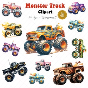 Monster Truck Clipart, Stampa digitale di arte della parete della camera dei bambini, Decorazione di ruote di grandi dimensioni, T-shirt Monster Truck con fiamme ruggenti, 300Dpi di alta qualità.