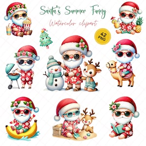 Clipart de Papai Noel de verão, Papai Noel de Natal Tropical PNG, Download digital de Papai Noel de praia, Ilustração fofa de feriado de Papai Noel Papai Noel com renas
