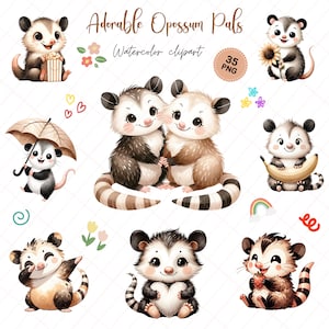 Opossum Clipart Set, druckbare Illustrationen für Kinderzimmer Dekor, Scrapbooking & Basteln - Digitaler Download, PNG
