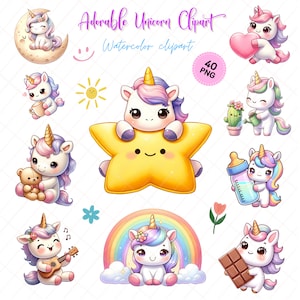 Adorable conjunto de imágenes prediseñadas de unicornio, lindos gráficos de unicornio Kawaii para invitaciones y manualidades, serie de momentos mágicos, pegatinas digitales de unicornio, PNG