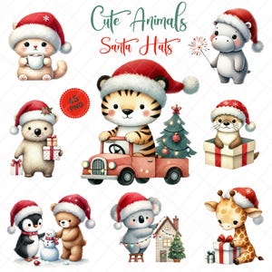 Cute Christmas Animal Clipart Bundle, Woodland Animals in Santa Hats, Holiday Digital Illustrations for Cards, Crafts and Decor, 300dpi PNG