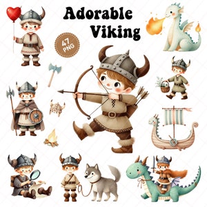 Entzückendes Kinder Clipart Set, digitaler Download, nordischer Krieger Kinder Illustrationen, Drache, Wolf, Wikinger Schiff, druckbare Kunst für Kinder