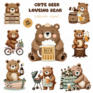 Schattige beer liefdevolle beer clipartbundel, grizzlybeer drinkt bier, barbecue en meer - leuke digitale kunst voor knutselen en doe-het-zelfprojecten, 300 dpi png