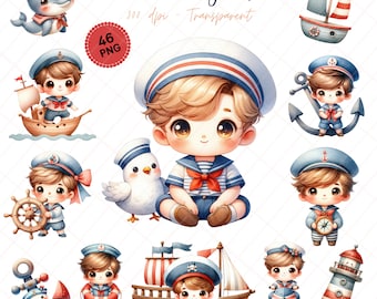 Puede incluir: Conjunto de imágenes prediseñadas de acuarela con ilustraciones de un marinero. Las imágenes incluyen un niño con un traje de marinero, un delfín, una gaviota, barcos, anclas y un faro. El texto "Little Sailor Boy Clipart" está en la parte superior.
