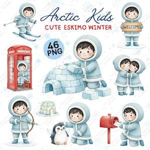 Arctic Kids Clipart Bundle: Winter Eskimo Children, Igloo & Penguin PNG Set | Digital Download